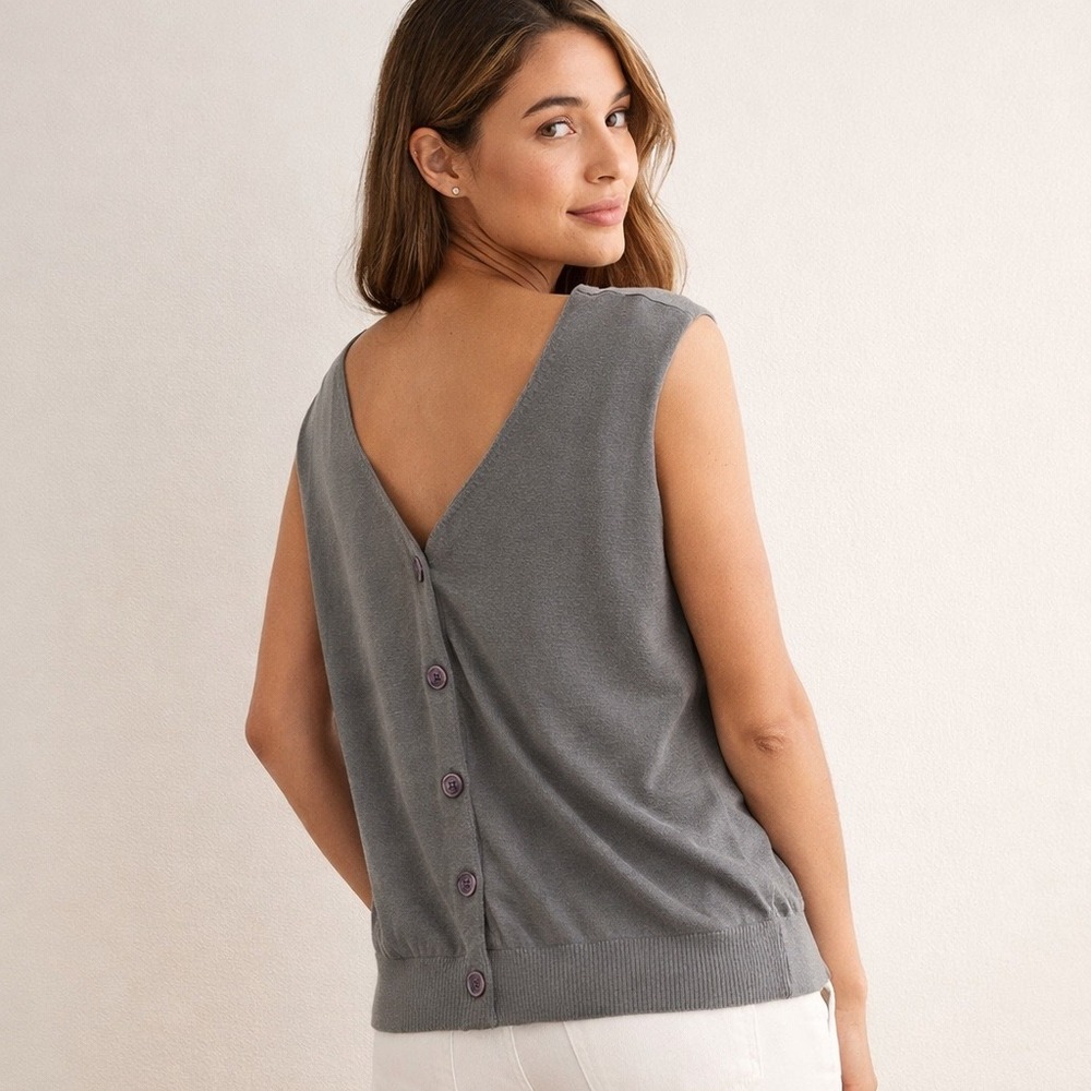 Brochu Walker Grey Reversible Button Back Sleeveless Knit Top Small